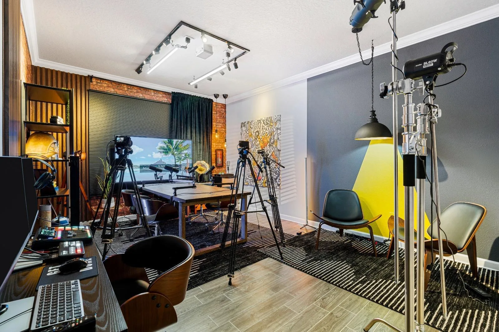 Behind the scenes: cameras and lights ready for a podcast recording